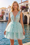 Vestido de Homecoming A-Line Menta com decote em V, tule floral aplicado