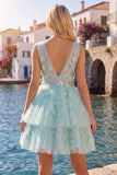 Vestido de Homecoming A-Line Menta com decote em V, tule floral aplicado