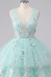 Vestido de Homecoming A-Line Menta com decote em V, tule floral aplicado