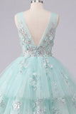 Vestido de Homecoming A-Line Menta com decote em V, tule floral aplicado