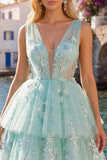 Vestido de Homecoming A-Line Menta com decote em V, tule floral aplicado