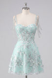 Vestido de Finalista de Finalistas Espartilho Espartilho A-Line de Ombros Abertos Menta Floral Aplicado