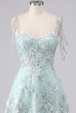 Vestido de Finalista de Finalistas Espartilho Espartilho A-Line de Ombros Abertos Menta Floral Aplicado