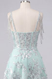 Vestido de Finalista de Finalistas Espartilho Espartilho A-Line de Ombros Abertos Menta Floral Aplicado