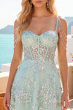 Vestido de Finalista de Finalistas Espartilho Espartilho A-Line de Ombros Abertos Menta Floral Aplicado