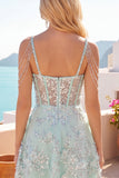 Vestido de Finalista de Finalistas Espartilho Espartilho A-Line de Ombros Abertos Menta Floral Aplicado