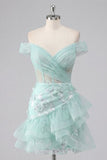 Vestido de Homecoming com Espartilhos de Menta com Ombros Descobertos e Folhos
