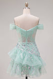 Vestido de Homecoming com Espartilhos de Menta com Ombros Descobertos e Folhos