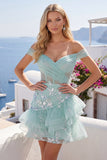 Vestido de Homecoming com Espartilhos de Menta com Ombros Descobertos e Folhos