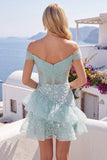 Vestido de Homecoming com Espartilhos de Menta com Ombros Descobertos e Folhos