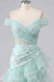 Vestido de Homecoming com Espartilhos de Menta com Ombros Descobertos e Folhos