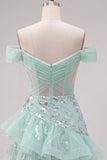 Vestido de Homecoming com Espartilhos de Menta com Ombros Descobertos e Folhos