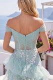 Vestido de Homecoming com Espartilhos de Menta com Ombros Descobertos e Folhos