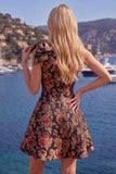 Vestido de regresso azul Jacquard A-Line A-Line Floral com Laço