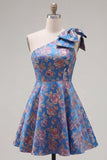 Vestido de regresso azul Jacquard A-Line A-Line Floral com Laço