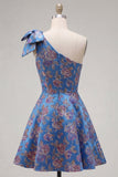 Vestido de regresso azul Jacquard A-Line A-Line Floral com Laço