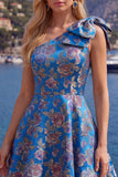 Vestido de regresso azul Jacquard A-Line A-Line Floral com Laço