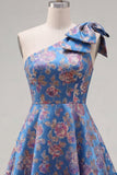 Vestido de regresso azul Jacquard A-Line A-Line Floral com Laço