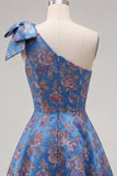 Vestido de regresso azul Jacquard A-Line A-Line Floral com Laço