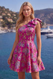 Vestido de regresso azul Jacquard A-Line A-Line Floral com Laço