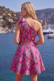 Vestido de regresso azul Jacquard A-Line A-Line Floral com Laço
