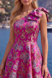 Vestido de regresso azul Jacquard A-Line A-Line Floral com Laço
