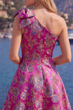 Vestido de regresso azul Jacquard A-Line A-Line Floral com Laço