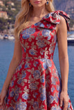 Vestido de regresso azul Jacquard A-Line A-Line Floral com Laço