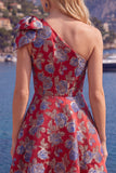 Vestido de regresso azul Jacquard A-Line A-Line Floral com Laço
