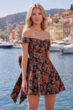 Vestido de Regresso a Casa Preto Jacquard Linha A Preto com Laço