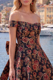 Vestido de Regresso a Casa Preto Jacquard Linha A Preto com Laço