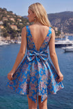 Vestido de Regresso a Casa Jacquard Vermelho de Decote em V Vermelho Linha A com Laço