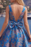 Vestido de Regresso a Casa Jacquard Vermelho de Decote em V Vermelho Linha A com Laço