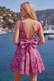 Vestido de Regresso a Casa Jacquard Vermelho de Decote em V Vermelho Linha A com Laço