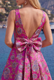 Vestido de Regresso a Casa Jacquard Vermelho de Decote em V Vermelho Linha A com Laço