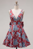 Vestido de Regresso a Casa Jacquard Vermelho de Decote em V Vermelho Linha A com Laço