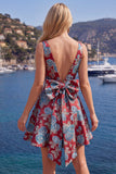 Vestido de Regresso a Casa Jacquard Vermelho de Decote em V Vermelho Linha A com Laço