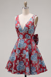 Vestido de Regresso a Casa Jacquard Vermelho de Decote em V Vermelho Linha A com Laço