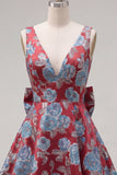 Vestido de Regresso a Casa Jacquard Vermelho de Decote em V Vermelho Linha A com Laço