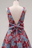 Vestido de Regresso a Casa Jacquard Vermelho de Decote em V Vermelho Linha A com Laço