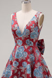 Vestido de Regresso a Casa Jacquard Vermelho de Decote em V Vermelho Linha A com Laço