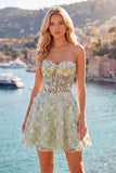 Vestido de Finalistas Florais Espartilho Espartilho Transparente Green Sweetheart com Aplicações