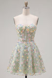 Vestido de Finalistas Florais Espartilho Espartilho Transparente Green Sweetheart com Aplicações