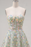 Vestido de Finalistas Florais Espartilho Espartilho Transparente Green Sweetheart com Aplicações