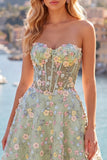 Vestido de Finalistas Florais Espartilho Espartilho Transparente Green Sweetheart com Aplicações