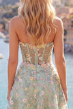 Vestido de Finalistas Florais Espartilho Espartilho Transparente Green Sweetheart com Aplicações