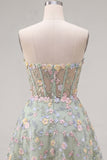 Vestido de Finalistas Florais Espartilho Espartilho Transparente Green Sweetheart com Aplicações