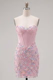 Espartilho corset cor-de-rosa Bodycon Vestido Floral de Regresso a Casa com Aplicações