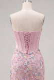 Espartilho corset cor-de-rosa Bodycon Vestido Floral de Regresso a Casa com Aplicações