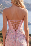 Espartilho corset cor-de-rosa Bodycon Vestido Floral de Regresso a Casa com Aplicações